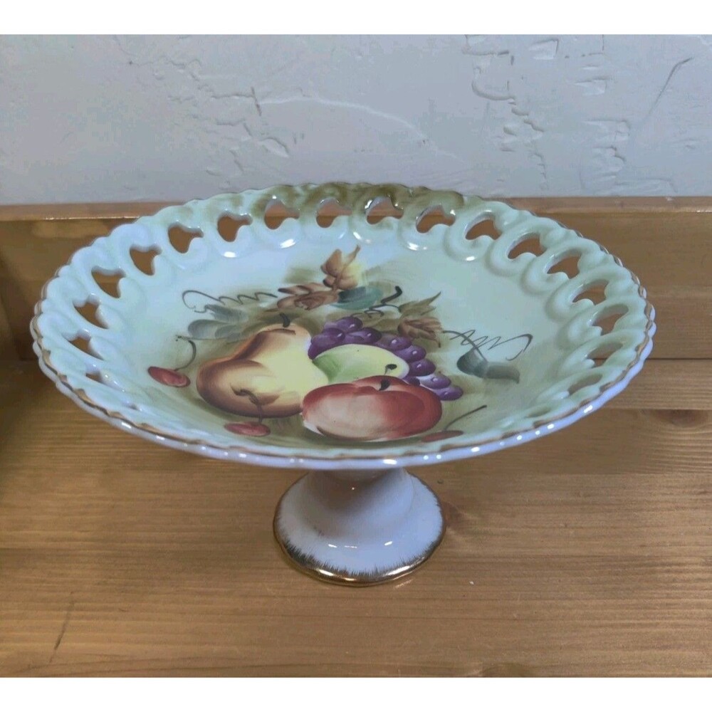 Lefton Vintage Hand Painted Pedestal Pierced Compote Dish Gilded Fruit 7x4"